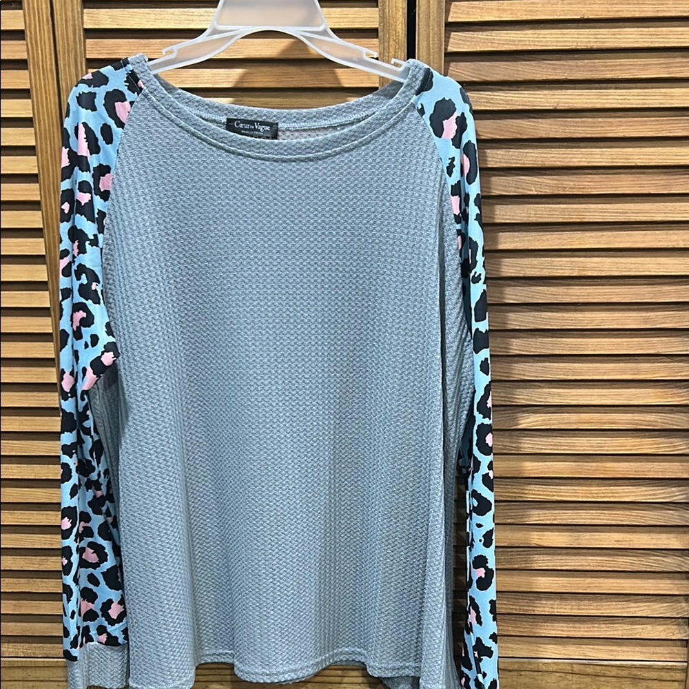 Blue Ribbed Relaxed Hoodie with Leopard Sleeves